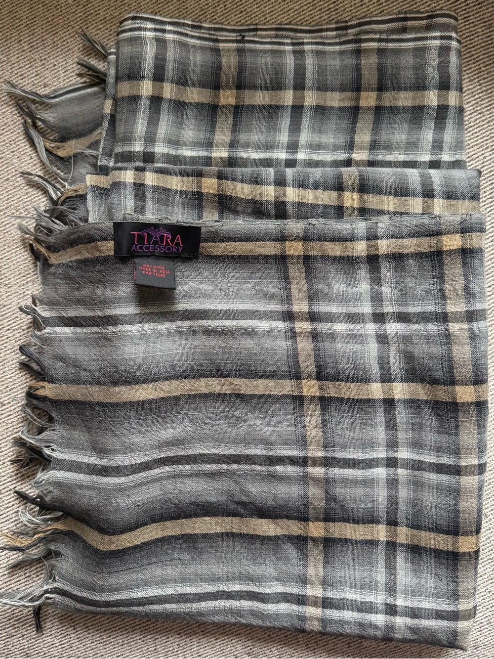 Tiara Plaid Gray and Cream Lightweight Scarf Wrap